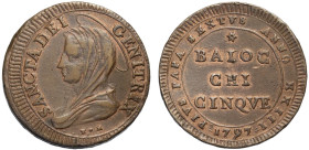 Roma, Pio VI (1775-1799), Madonnina da 5 Baiocchi 1797 anno XXIII, Cu mm 33 g 17,95 tracce di rame rosso, SPL+