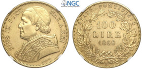 Roma, Pio IX (1846-1870), 100 Lire 1866 anno XXI, RR Au mm 35,5 solo 1115 pezzi coniati, in Slab NGC MS62 (cert. 5786612013)