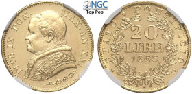 Roma, Pio IX (1846-1870), 20 Lire 1866 anno XXI, Au mm 22 una moneta eccezionale, in Slab NGC MS66 (Top Pop! cert. 5790742010)