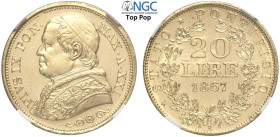 Roma, Pio IX (1846-1870), 20 Lire 1867 anno XXI, Au mm 22 una moneta eccezionale, in Slab NGC MS66* (star) (Top Pop! cert. 5790742005)