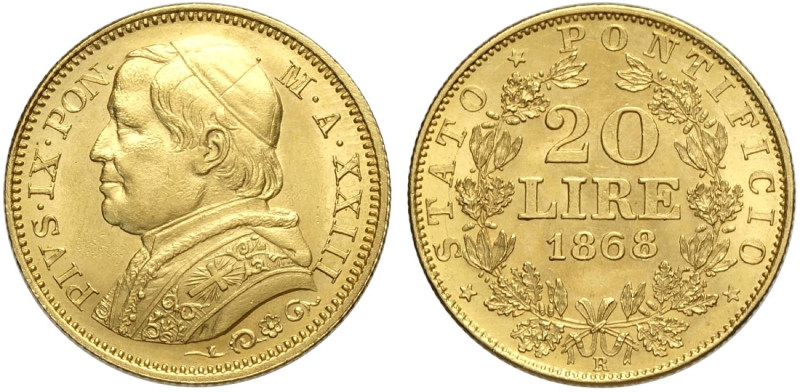 Roma, Pio IX (1846-1870), 20 Lire 1868 anno XXIII, Au mm 22 alta conservazione, ...