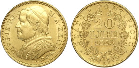 Roma, Pio IX (1846-1870), 20 Lire 1868 anno XXIII, Au mm 22 alta conservazione, q.FDC
