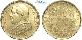 Roma, Pio IX (1846-1870), 20 Lire 1869 anno XXIV, Au mm 22 una moneta eccezionale, in Slab NGC MS66+ (cert. 5784532018)