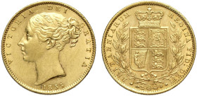Great Britain, Victoria (1837-1901), Shiled Sovereign 1855 WW incuse, Au mm 22 SPL