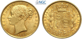 Great Britain, Victoria (1837-1901), Shiled Sovereign 1863 die number 14, Au mm 22 SPL+, in Slab NGC AU58 (cert. 5790742017)
