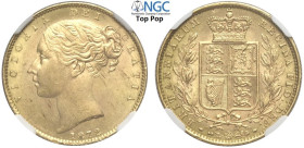 Great Britain, Victoria (1837-1901), Shiled Sovereign 1872 no die number, Au mm 22 conservazione eccelsa, in Slab NGC MS64 (Top Pop! cert. 5788355003)