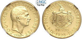 Albania, Zog I (1928-1939), 20 Franga Ari 1938-R Reign Anniversary, Au mm 21 una moneta eccezionale con fondi speculari, in Slab NGC MS67 PL (Top Pop!...