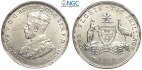 Australia, George V (1910-1936), Florin 2 Shillings 1914-H, Rara Ag mm 28,5 conservazione da definirsi eccezionale per questa rara moneta, in Slab NGC...
