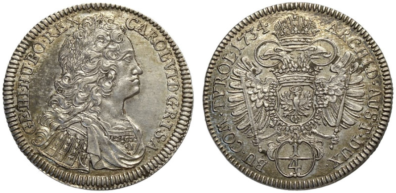 Austria, Charles VI (1711-1740), 1/4 Thaler 1734 Hall, Ag mm 32 g 7,19 bella pat...