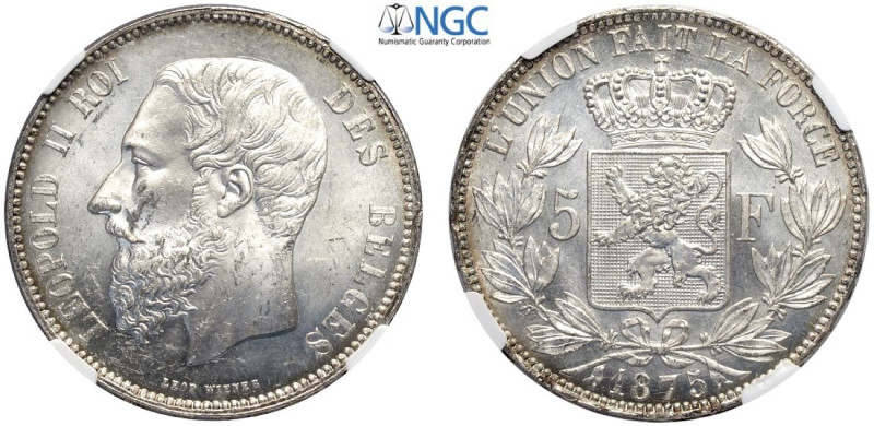 Belgium, Leopold II (1865-1909), 5 Francs 1875, Ag mm 37 di gran conservazione, ...