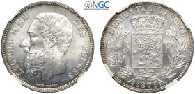 Belgium, Leopold II (1865-1909), 5 Francs 1875, Ag mm 37 di gran conservazione, in Slab NGC MS64 (cert. 5788928009)