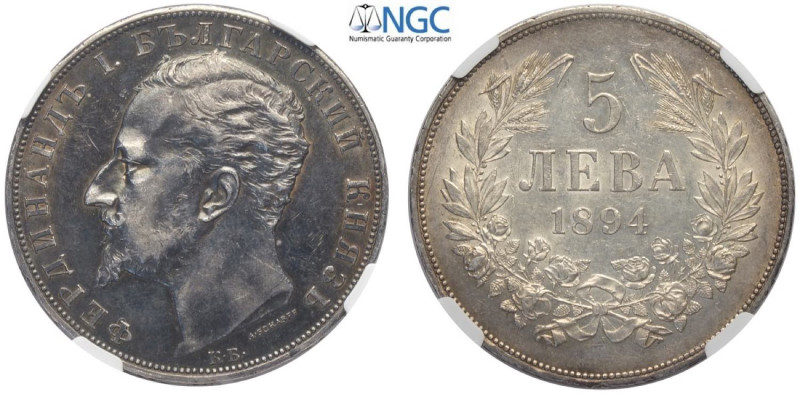 Bulgaria, Ferdinand I (1887-1908), 5 Leva 1894-KB, Ag mm 37 in Slab NGC AU53 (ce...
