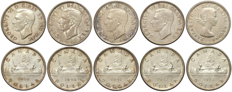 Canada, Lot 5 x Silver Dollar: 1946 (SPL-FDC), 1950 (SPL-FDC), 1951 (SPL-FDC), 1...