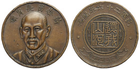 China Taiwan, Republic, "Chiang Kai-shek" Medal Year 26 (1937), L&M-968 var (copper) WS-0127 Cu mm 33 g 10,32 numerosi colpetti al bordo, BB