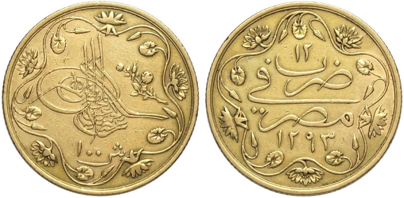 Egypt, Abdul Hamid II (1876-1909), 100 Qirsh (Pound) 1293/12, Au mm 24 BB-SPL
