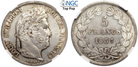 France, Louis Philippe I (1830-1848), 5 Francs 1837-W Lille, Ag mm 37 conservazione eccezionale, in Slab NGC MS65 (Top Pop! Cert. 5789058014)