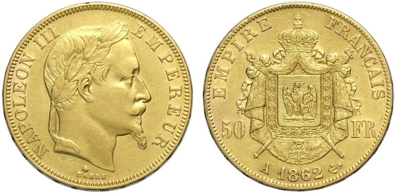 France, Napoleon III (1852-1870), 50 Francs 1862-A Paris, Au mm 28 BB+