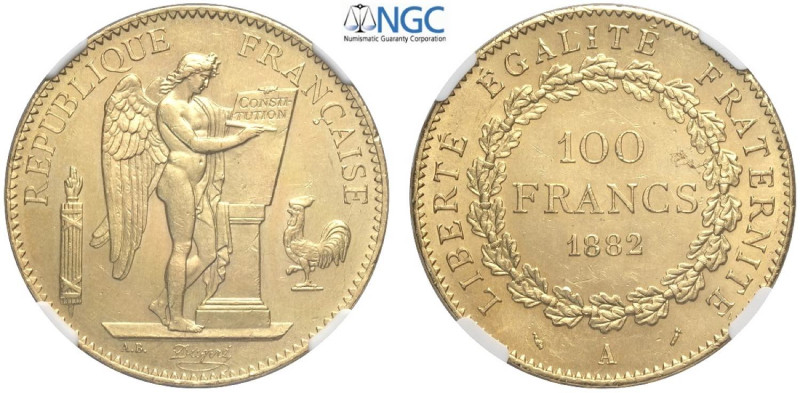 France, Modern Republic, 100 Francs 1882-A Paris, Au mm 35 in Slab NGC MS62 (cer...