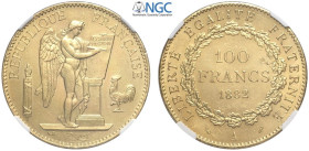 France, Modern Republic, 100 Francs 1882-A Paris, Au mm 35 in Slab NGC MS62 (cert. 5789018003)