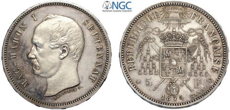 France, Modern Republic, Essai 5 Francs 1874 Mac-Mahon, Maz-2340 Ag mm 37,5 g 26...