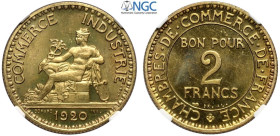 France, Modern Republic, Essai 2 Francs 1920, Maz-2571 Ba mm 27 in Slab NGC MS67 (second best grade, cert. 5789007017)