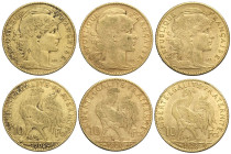 France, Modern Republic, Lot 3 x 10 Francs 1906, 1907, 1908 Au g 9,67 BB