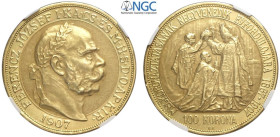Hungary, Franz Joseph I (1848-1916), 100 Korona 1907 Coronation Anniversary, original struck, Au mm 36 in Slab NGC MS61 (cert. 5786612015)
