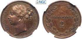 Mauritius, Victoria (1837-1901), Schoenfeld Estate, 2 S ND, RRR Ford-624 Cu mm 19 in Slab NGC UNC-cleaned (cert. 5788928011)