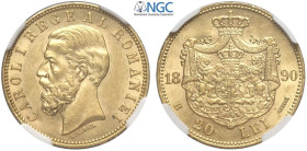 Romania, Carol I King (1881-1914), 20 Lei 1890, Au mm 21 in Slab NGC MS61 (cert. 5788730007)