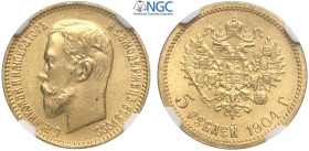 Russia, Nicholas II (1894-1917), 5 Roubles 1904-AP, Au mm 18 conservazione inusuale, in Slab NGC MS65 (cert. 5788923005)