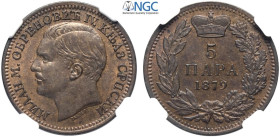 Serbia, Milan Obrenovich IV Prince (1868-1882), 5 Para 1879, Cu mm 25 in Slab NGC MS63 (cert. 5790657016)