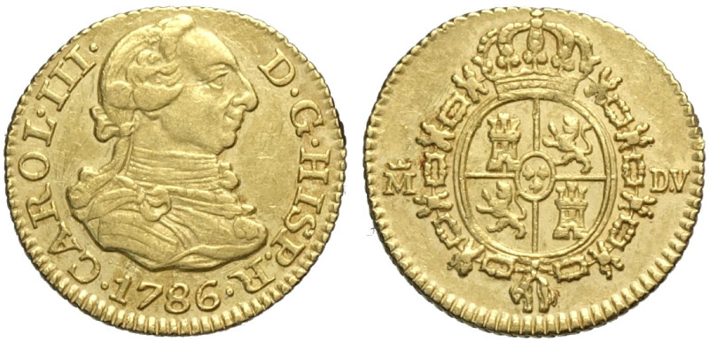 Spain, Carlos III (1759-1788), 1/2 Escudo 1786-DV, Au mm 14 g 1,74 BB-SPL