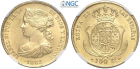 Spain, Isabel II (1833-1868), 100 Reales 1862 Madrid 6-pointed star, KM-605.2 Au mm 22 conservazione FDC. In Slab NGC MS64 (cert. 5788531010)