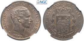 Spain, Alfonso XII (1874-1885), 10 Centimos 1879-OM, alta conservazione, Cu mm 30 in Slab NGC MS63 BN (cert. 5789007003)