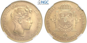 Spain, Alfonso XIII (1886-1931), 100 Pesetas 1897 (62), restrike 1962, Au mm 35 in Slab NGC MS65 (cert. 5788730020)