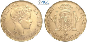 Spain, Alfonso XIII (1886-1931), 100 Pesetas 1897 (62), restrike 1962, Au mm 35 in Slab NGC MS64 (cert. 5788531016)