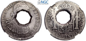 Trinidad & Tobago, British Colonial, Cut coinage, 9 Shillings (1811), Octagonal center cut in Mexico City mint 8 Reales. KM-A14.1 Ag mm 40 g 23,39 in ...