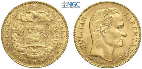 Venezuela, Republic, 20 Bolivares 1911, Au mm 21 in Slab NGC MS64 (cert. 5790825003)