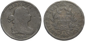 United States of America, Draped Bust Half Cent 1802/0 Reverse of 1802, RRRR Cu mm 23,5 D