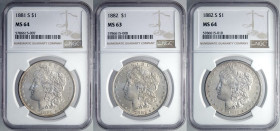United States of America, Lot 3 x Morgan Dollar in Slab: 1881-S (NGC MS64), 1882 (NGC MS63), 1882-S (NGC MS64)