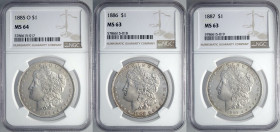 United States of America, Lot 3 x Morgan Dollar in Slab: 1885-O (NGC MS64), 1886 (NGC MS63), 1887 (NGC MS63)