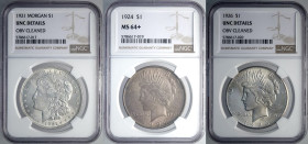 United States of America, Lot 3 x Morgan and Peace Dollar in Slab: 1921 (NGC UNC-obv cleaned), 1924 (NGC MS64+), 1926 (NGC UNC-obv cleaned)