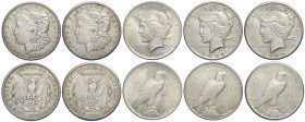 United States of America, Lot 5 x Silver Dollar: 1921-D (SPL), 1921-S (SPL), 1922 (q.FDC), 1922-D (q.SPL), 1922-S (SPL)