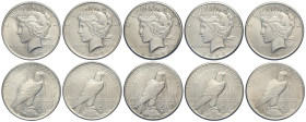 United States of America, Lot 5 x Peace Dollar: 1923 (q.FDC), 1923-D (q.SPL), 1923-S (SPL), 1924-S (BB-SPL), 1925 (SPL-FDC)