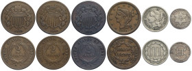 United States of America, Lot of 6 coins, 3 Cents: 1853, 1881, 2 Cents: 1865, 1869, 1871, Half Cent 1851