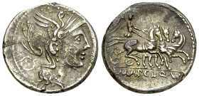 T. Manlius Mancinus, Appius Claudius Pulcher and Q. Urbinius AR Denarius, 111/110 BC