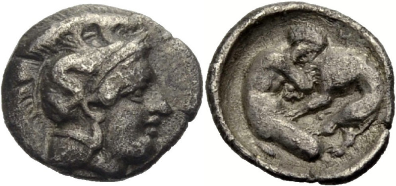 Kalabrien. 
Tarent. 
Diobol, 380-334 v. Chr. Kopf der Hera n.r. im Helm, darau...