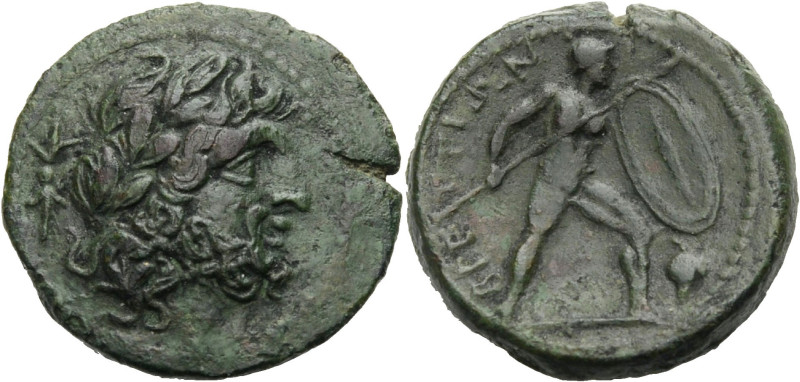 Bruttium. 
Brettioi. 
Reduzierte Uncia, Bronze, 216-213 v. Chr. Bärtiger Zeusk...
