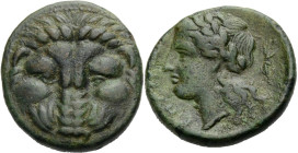 Bruttium. 
Rhegion. 
Bronze, ca. 218 v. Chr. Löwenmaske von vorne. Rv. RHGINWN Kopf des Apollon mit L. n.l., hinter dem Kopf Blitzbündel. 6,64 g. SN...