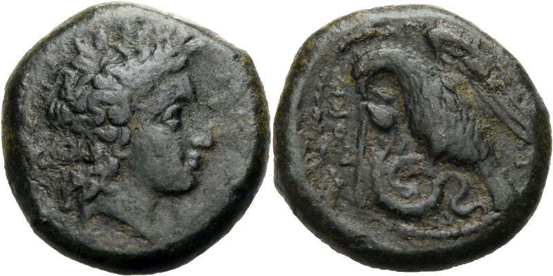 Sizilien. 
Morgantina. 
Hemilitron, 350-340 v. Chr. Kopf der Sikelia mit Myrte...